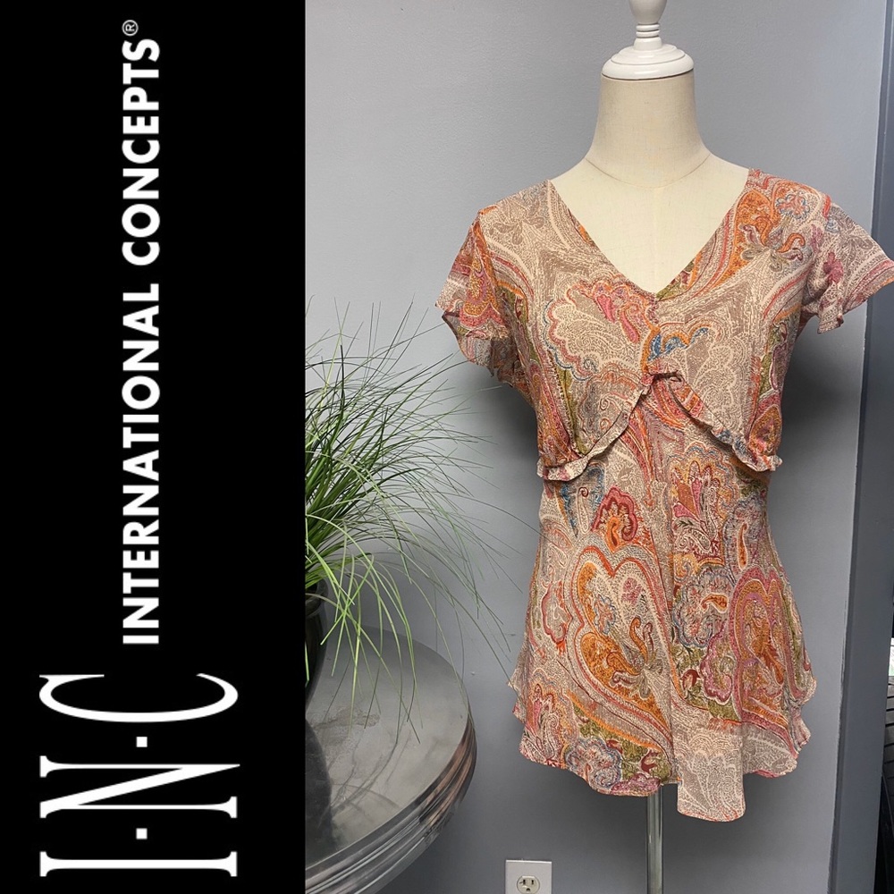 I.N.C. Paisley Printed Silk Sheer V Neck Blouse